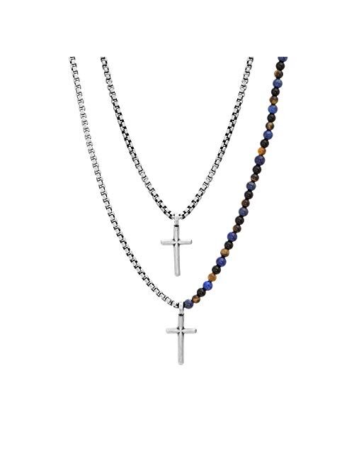 Steve Madden Stainless Steel Beaded Double Layer Cross Necklace for Men 25 and 27 Inch Box Chains
