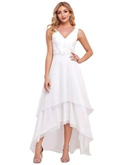 Women's High Low A-Line Applique V-Neck Sleeveless Wedding Dress 90389