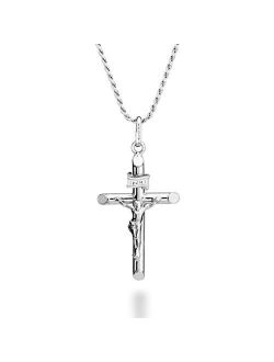 Rhodium Plated 925 Sterling Silver Crucifix Cross Necklace for Men Women, Cross Pendant with Rope Chain 18, 20, 22, 24 Inch Made in Italy