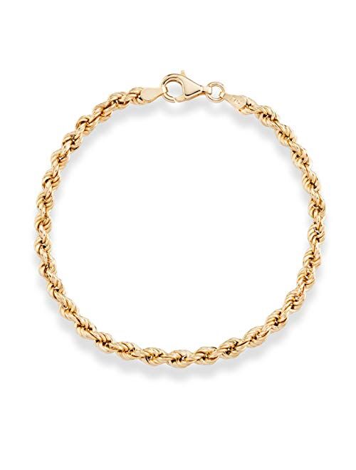 Miabella 18K Gold Over Sterling Silver 4mm Classic Rope Chain Link Bracelet for Women Men, 6.5, 7, 7.5, 8, 8.5 Inch 925 Made in Italy