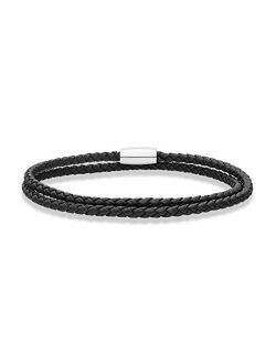 Genuine Italian Double Wrap Braided Leather Bracelet for Men Women Stainless Steel Magnetic Closure, Made in Italy