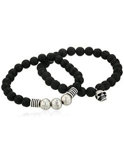 Men's Black Lava Stone with Skull Head Charm Stretch Duo Bracelet Set in Stainless Steel