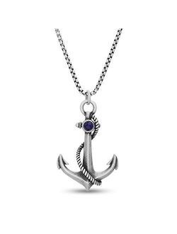 Oxidized Stainless Steel Blue Stone Anchor Necklace for Men 26 Inches Box Chain