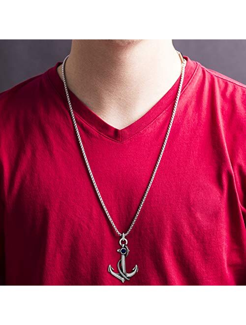 Steve Madden Oxidized Stainless Steel Blue Stone Anchor Necklace for Men 26 Inches Box Chain