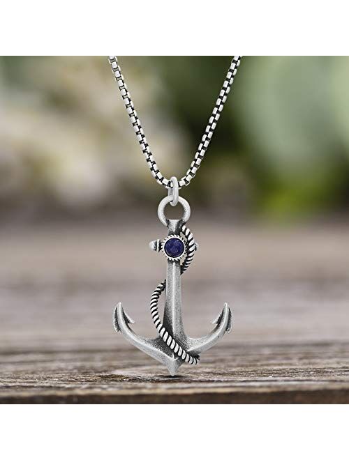 Steve Madden Oxidized Stainless Steel Blue Stone Anchor Necklace for Men 26 Inches Box Chain