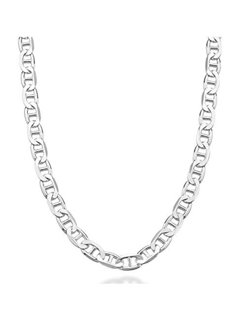 MiaBella Solid 925 Sterling Silver Italian 7mm Diamond-Cut Solid Flat Mariner Link Chain Necklace for Women Men, 18, 20, 22, 24, 26, 30 Inch Made in Italy