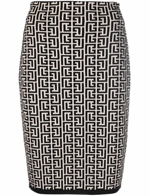 Balmain monogram-pattern pencil skirt