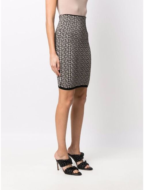 Balmain monogram-pattern pencil skirt
