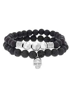 Stainless Steel Skull Station, Simulated Black Onyx, and Lava Stone Beaded Stretch Bracelet Set for Men (SMMB502401OX-BO), One Size