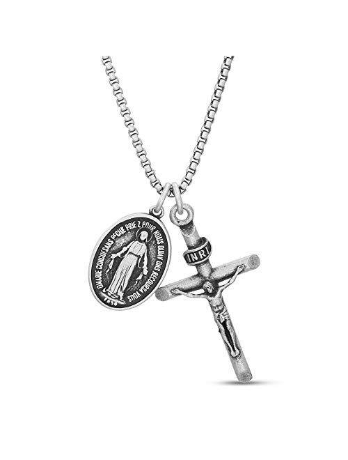 Steve Madden Oxidized Stainless Steel Crucifix Cross Oval Marie Concue Sans Peche Medallion Necklace for Men on 24 Inch Box Chain