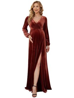 Women's Deep V-Neck Long Sleeve Side Slit Velvet Floor-Length Maternity Dresses 20892