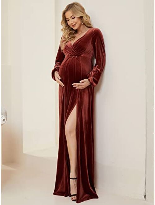 Ever-Pretty Women's Deep V-Neck Long Sleeve Side Slit Velvet Floor-Length Maternity Dresses 20892