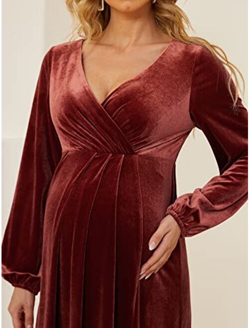 Ever-Pretty Women's Deep V-Neck Long Sleeve Side Slit Velvet Floor-Length Maternity Dresses 20892