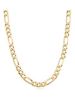 18K Gold Over Sterling Silver Italian 7mm Solid Diamond-Cut Figaro Link Chain Necklace for Men, 18, 20, 22, 24, 26, 30 Inches