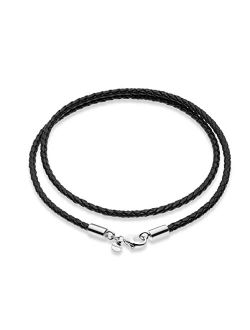 Genuine Italian 3mm Black Braided Leather Cord Chain Necklace for Men Women with 925 Sterling Silver Clasp 16, 18, 20, 22, 24, 26 Inch Made in Italy