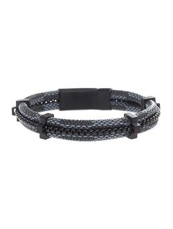 Men's 8" Blue Braided Leather and Black Box Chain Bracelet in Black IP Plated Stainless Steel, Black, 8