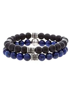 Stainless Steel Black and Blue Beaded Stretch Duo Bracelet Set for Men
