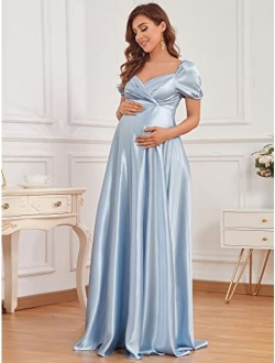 Women's Short Sleeve Deep V-Neck Long Maternity Dress for Baby Shower 20801