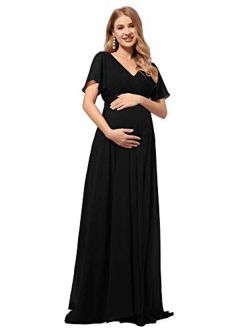 Womens Short Sleeve A-line V-Neck Chiffon Maternity Dresses for Party 9890-YF