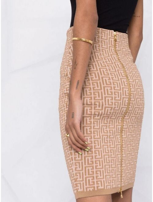 Balmain monogram-pattern pencil skirt