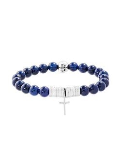 Stainless Steel Polished Oxidized Cross Charm Stretch Blue Beaded Bracelet for Men