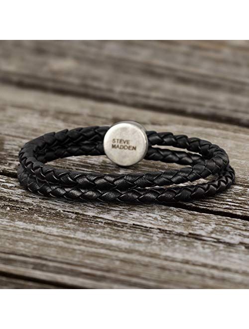 Steve Madden Stainless Steel Oxidized Marcus Aurelius Roman Coin Style Braided Black Leather Double Strand Bracelet for Men, one size (SMB607053OX-LBK)