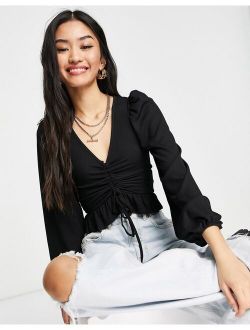 ruched front tie detail top in black
