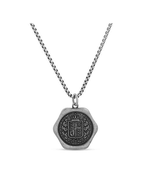Steve Madden Oxidized Stainless Steel Britanniarum Wax Seal Coin Necklace for Men 20 Inch Box Chain