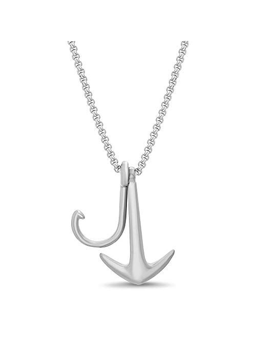 Steve Madden Men's Hook and Anchor Pendant Necklace with Rolo Chain in Stainless Steel