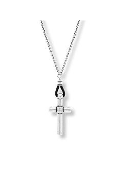 28 Inch Oxidized Stainless Steel Black Leather Cross Necklace for Men