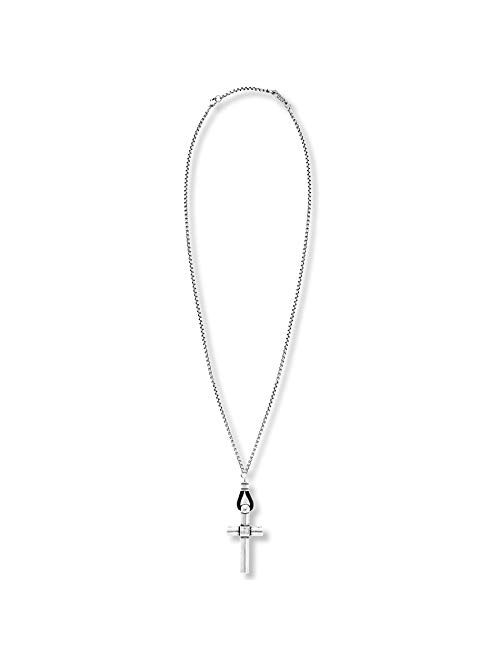 Steve Madden 28 Inch Oxidized Stainless Steel Black Leather Cross Necklace for Men