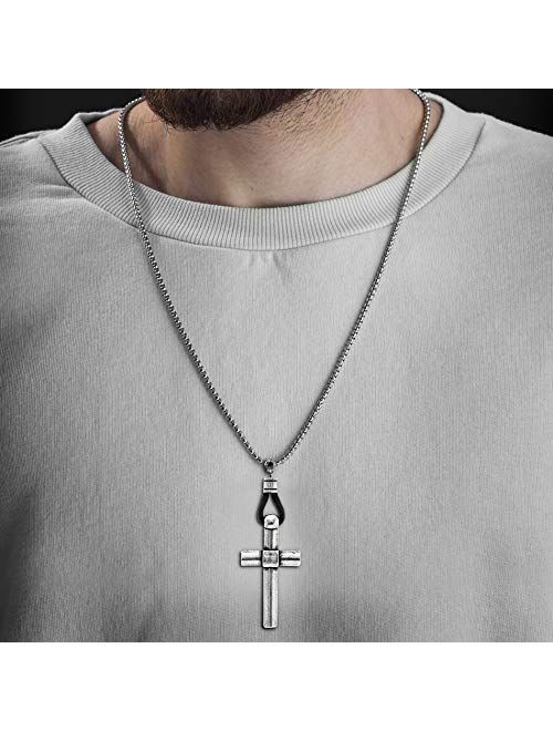Steve Madden 28 Inch Oxidized Stainless Steel Black Leather Cross Necklace for Men