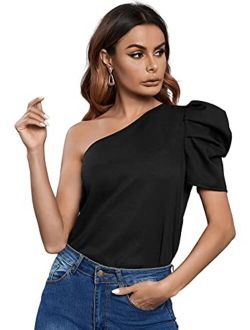 Women's One Shoulder Puff Short Sleeve Solid Tee Top Blouse