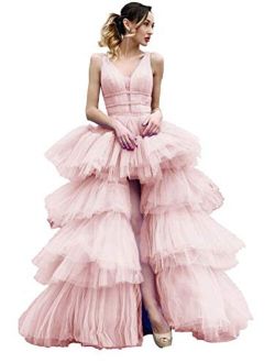 Tianzhihe Tulle Layers Prom Dress V Neck A Line High Low Evening Party Gown Ruffles Maxi Dress with Belt
