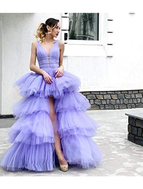 Tianzhihe Tulle Layers Prom Dress V Neck A Line High Low Evening Party Gown Ruffles Maxi Dress with Belt