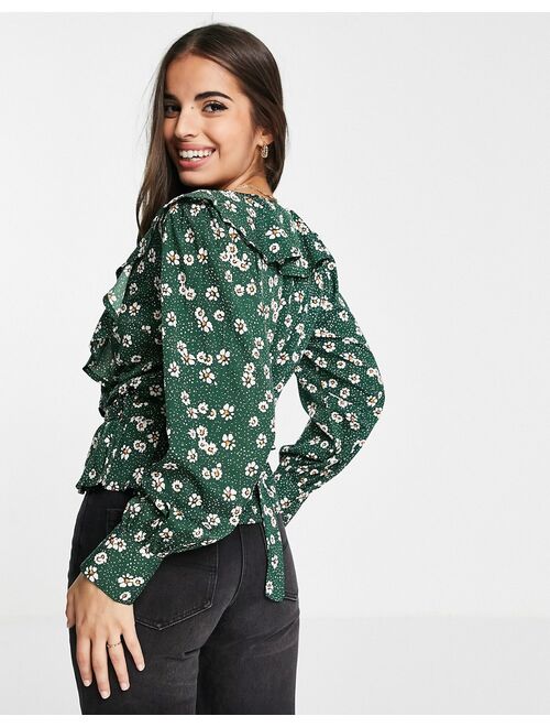 New Look wrap blouse in green daisy floral