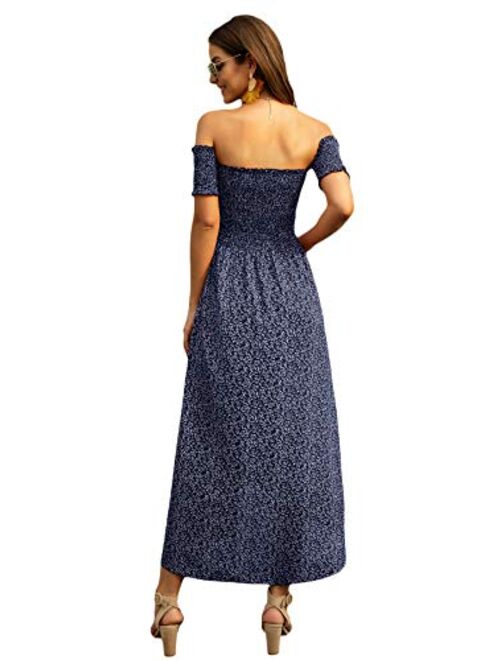SheIn Women's Ditsy Floral Print Split Off Shoulder Thigh Shirred Maxi Dress
