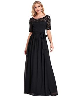 Women Lace Illusion Short Sleeve Chiffon Wedding Party Dress 07624