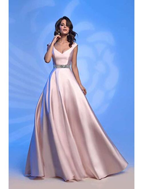 Tianzhihe V Neck Long Prom Dress Satin Cap Sleeve Evening Formal Party Ball Gown with Belt
