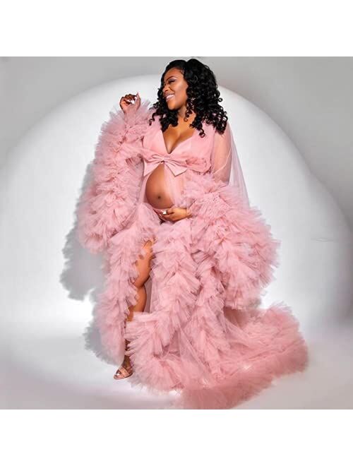 Tianzhihe Puffy Tulle Robe for Maternity Photoshoot Sheer Dressing Gowns Pregnancy Dress Bathrobe Sleepwear for Women