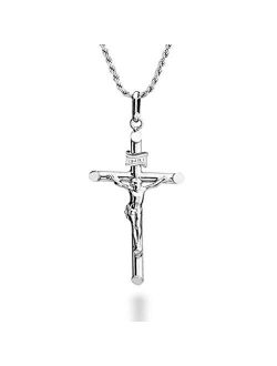 Rhodium Plated 925 Sterling Silver Large Crucifix Cross Necklace for Men Women, Cross Pendant with Rope Chain 20, 22, 24, 26 Inch Made in Italy