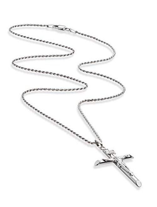 Miabella Rhodium Plated 925 Sterling Silver Large Crucifix Cross Necklace for Men Women, Cross Pendant with Rope Chain 20, 22, 24, 26 Inch Made in Italy