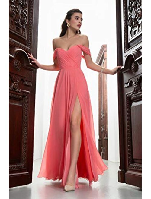 Tianzhihe Off Shoulder Long Bridesmaid Dress with Slit V Neck Chiffon Pleated Formal Party Maxi Gown