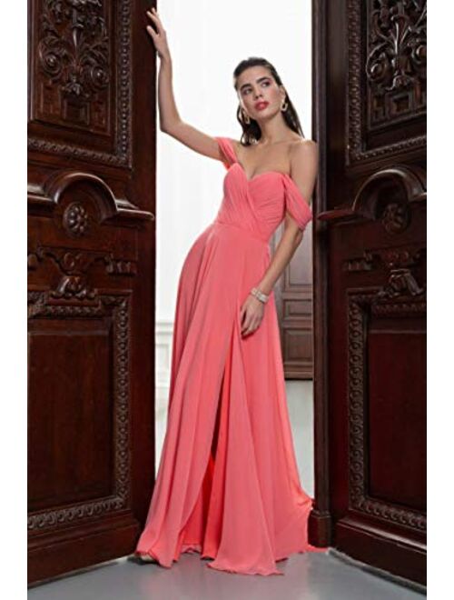 Tianzhihe Off Shoulder Long Bridesmaid Dress with Slit V Neck Chiffon Pleated Formal Party Maxi Gown