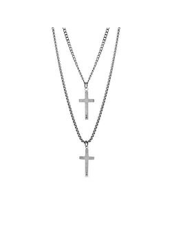 28" Oxidized Stainless Steel Box and Curb Chain Cross Pendant Duo Necklace Set For Men