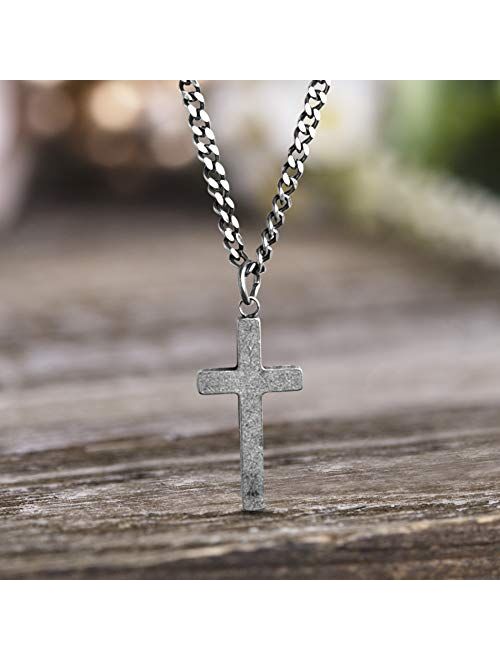 Steve Madden 28" Oxidized Stainless Steel Box and Curb Chain Cross Pendant Duo Necklace Set For Men