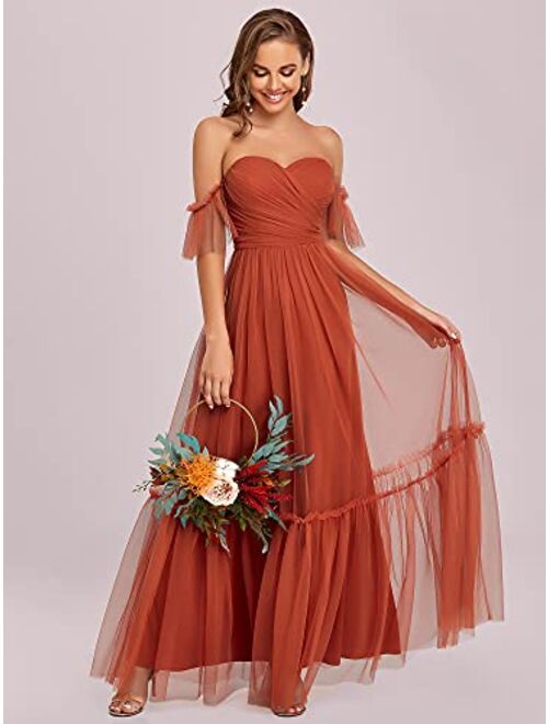Ever-Pretty Women's Off-Shoulder Long Ruched Tulle Evening Dresses 50126