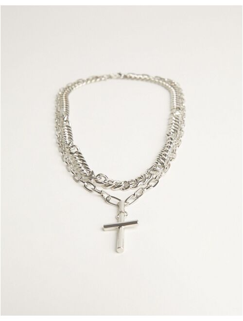 Bershka double layer cross necklace in silver