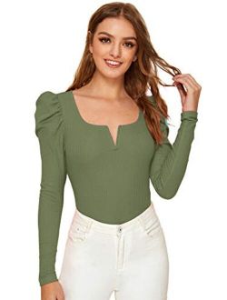 Women's Notch Neck Puff Sleeve Tops Knit Tee Shirt Blouse