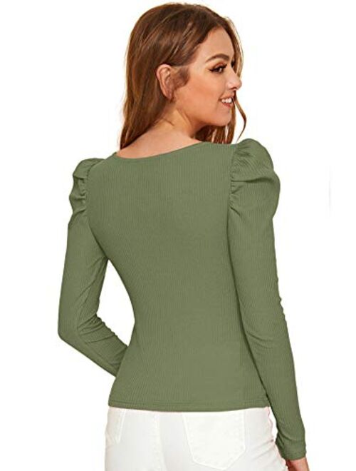 Floerns Women's Notch Neck Puff Sleeve Tops Knit Tee Shirt Blouse